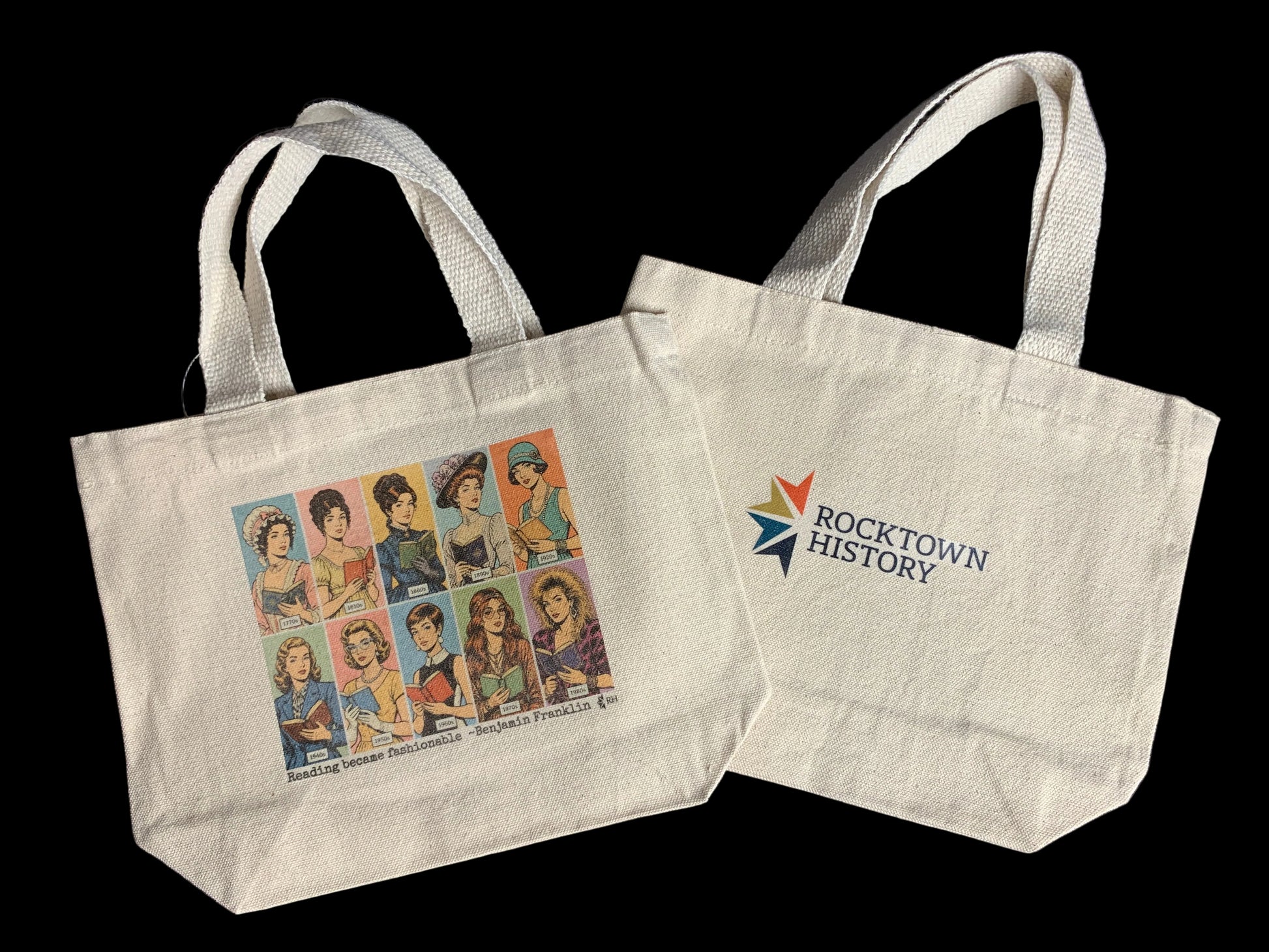 Two tote bags, one with a vintage-style illustration and the other with 'Rocktown History' branding, on a dark background.